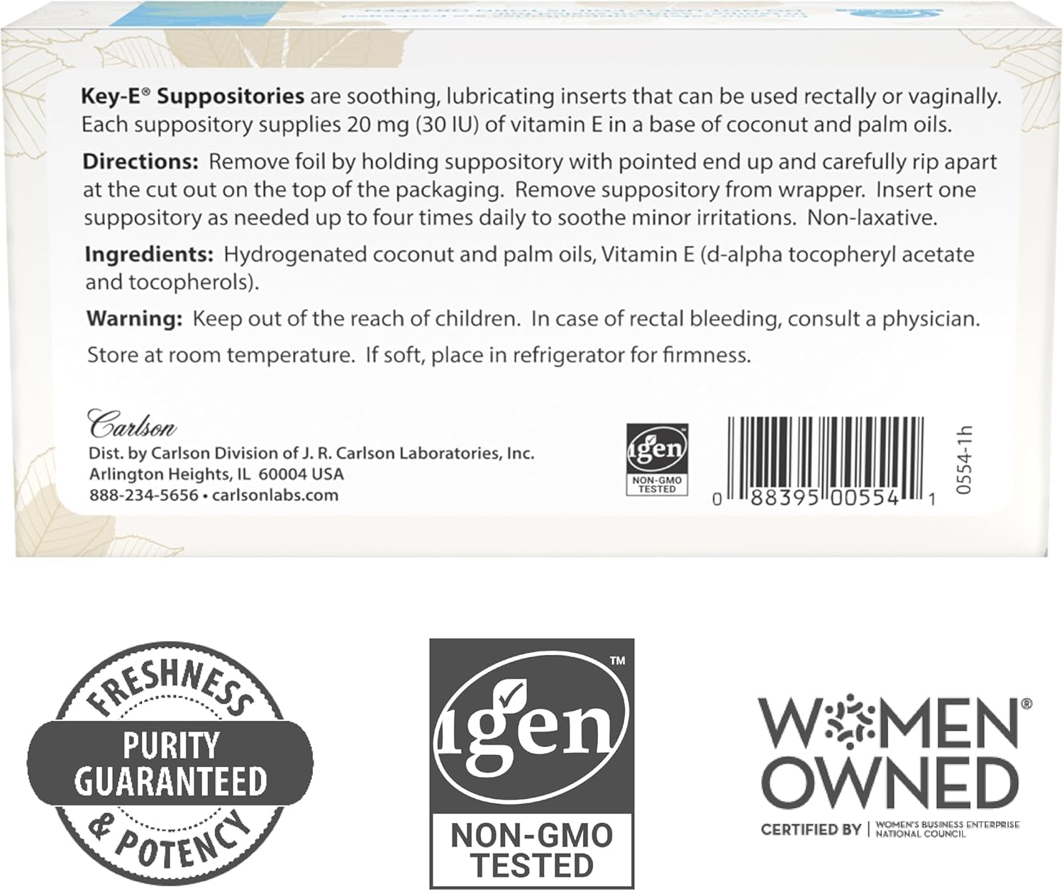 Carlson Key-E Suppositories vitamin E content emphasized for hydration support