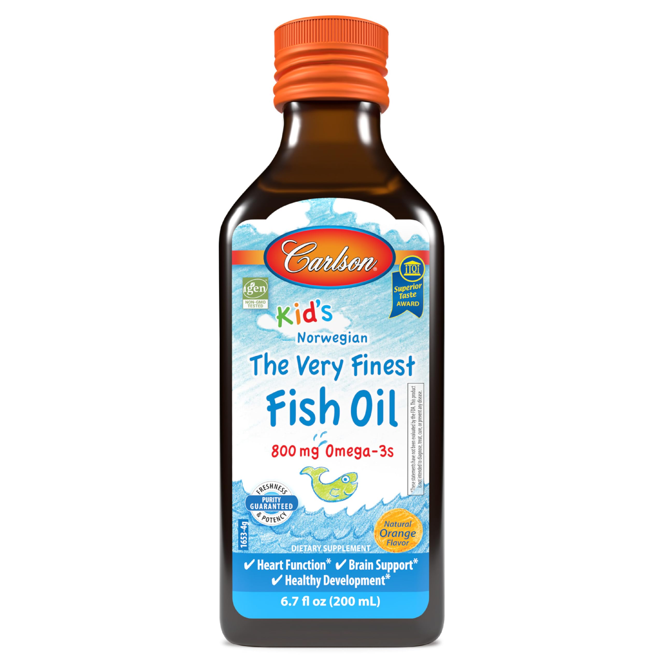 Carlson Kids The Very Finest Fish Oil orange-bottle view for easy daily dosing.
