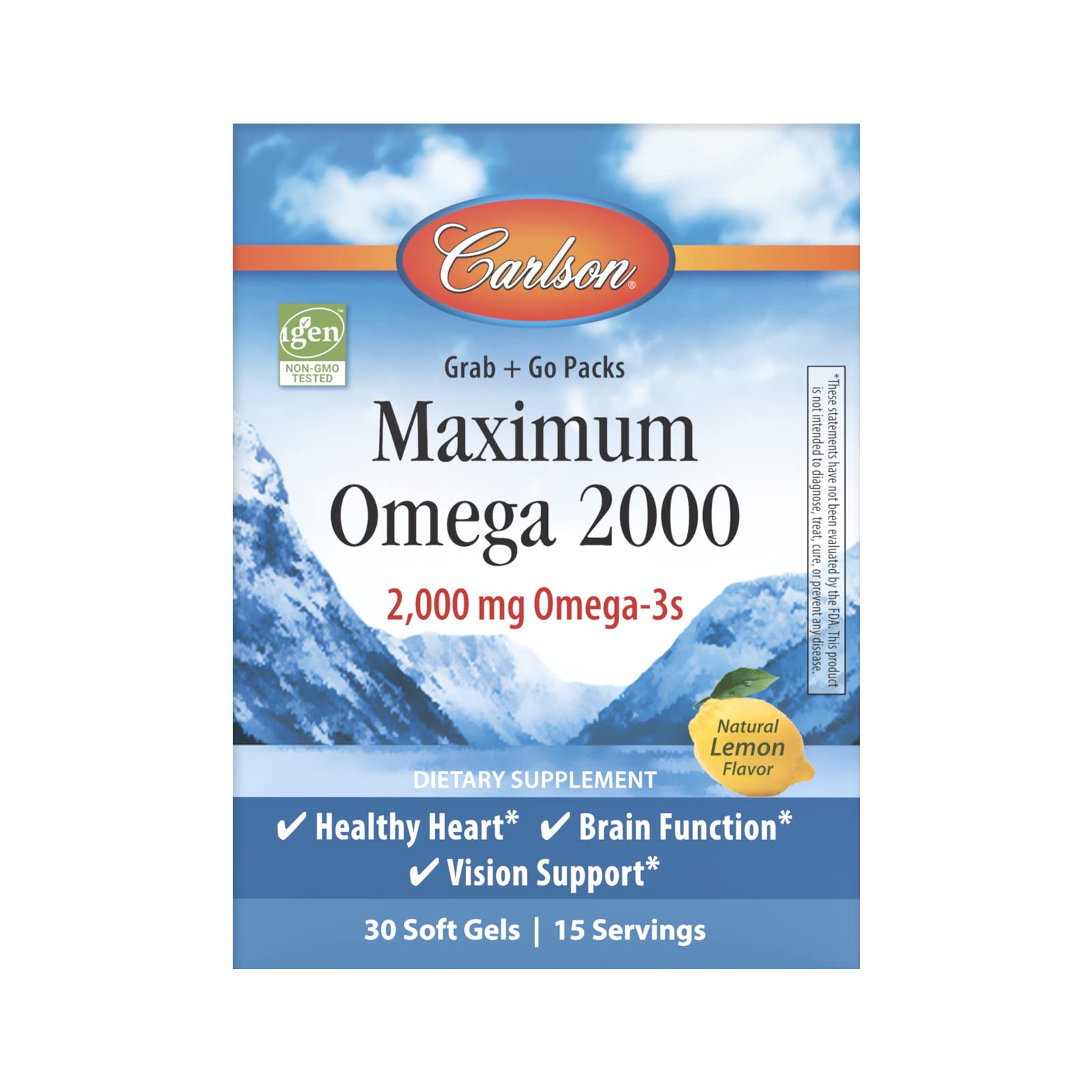 Carlson Maximum Omega 2000 bottle pictured on kitchen counter.