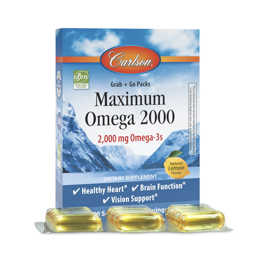 Carlson Maximum Omega 2000 grab-go pack front view for on-the-go omega-3.