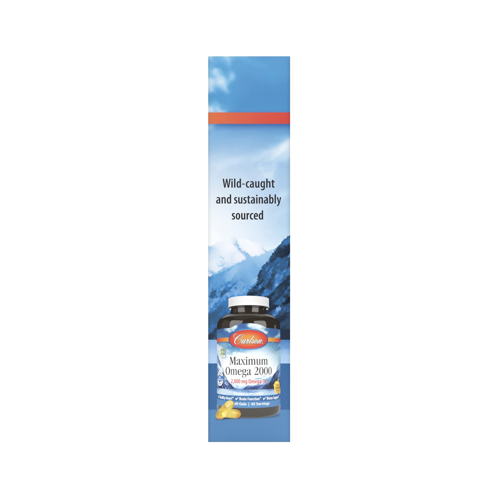 Carlson Maximum Omega 2000 grab-go pack side view highlighting triple softgel pouches.