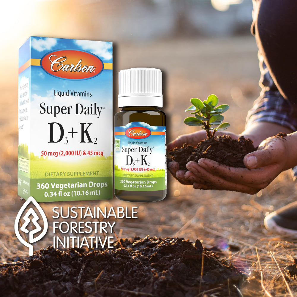 Carlson Super Daily D3 + K2 liquid drops ready to mix into foods or drinks