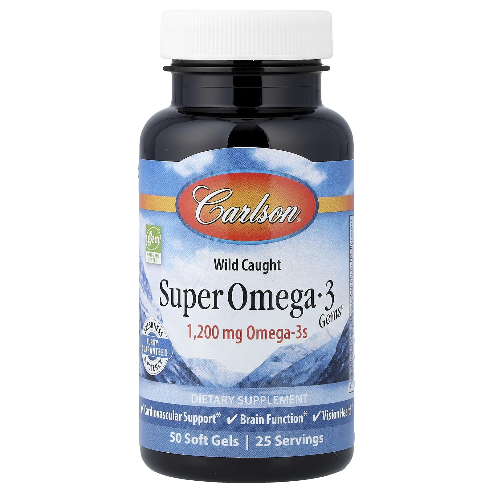 Carlson Super Omega-3 Gems bottle front with 1,200 mg per serving for potential cardiovascular support