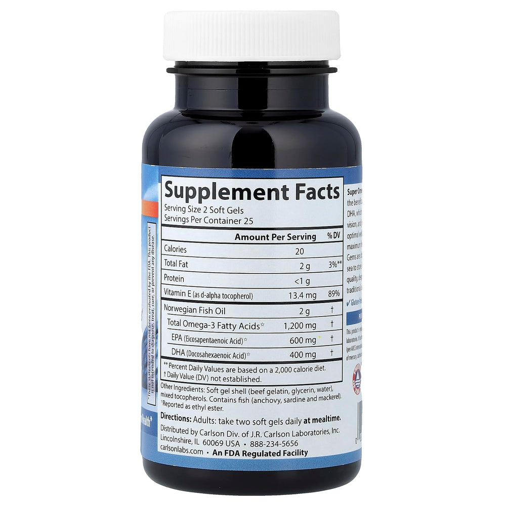 Carlson Super Omega-3 Gems softgels close-up highlighting freshness and potency