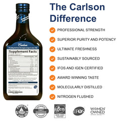 Carlson fish oil liquid pouring into a teaspoon for daily boost.