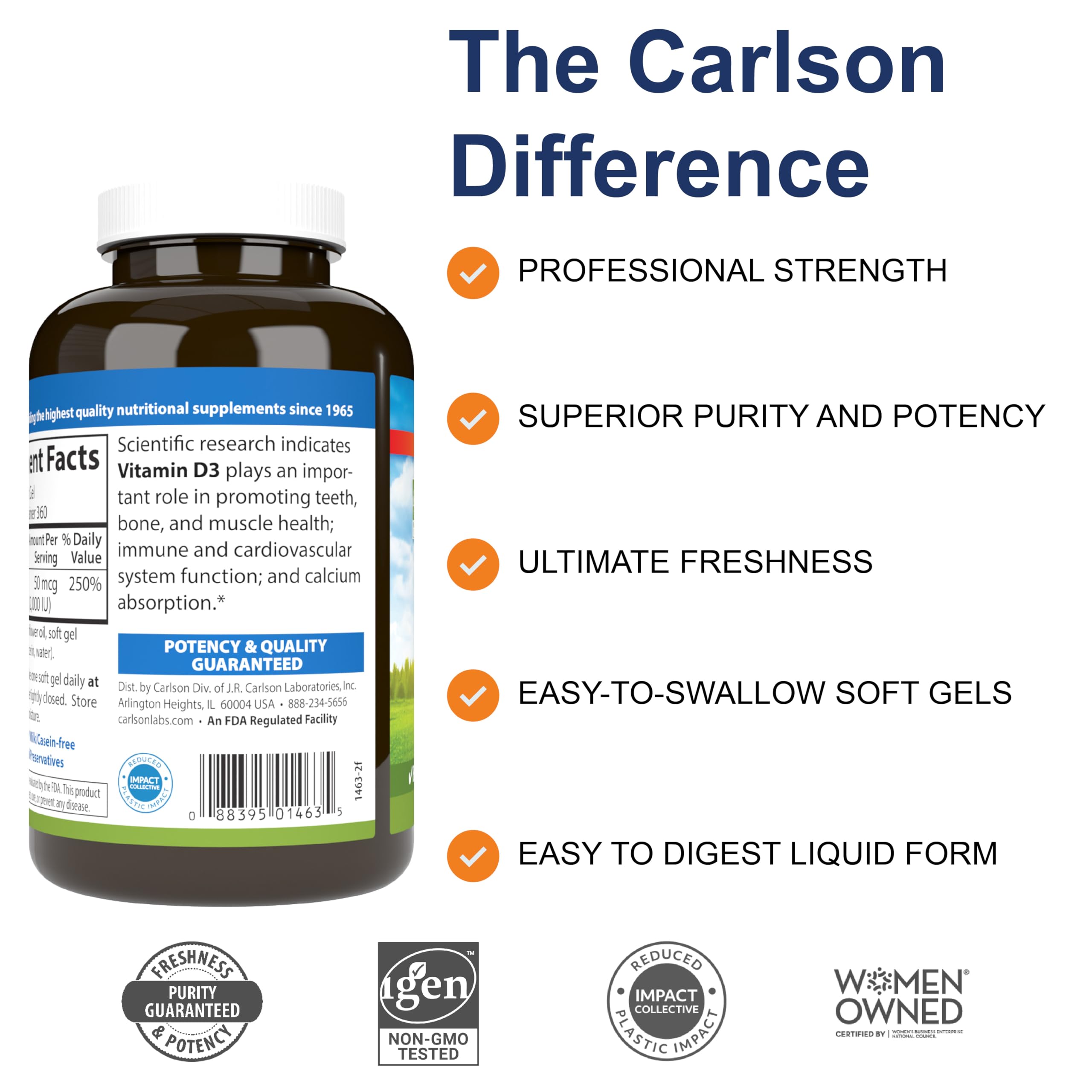 Carlson Vitamin D3 2000 IU softgels label closeup highlighting gluten-free formula
