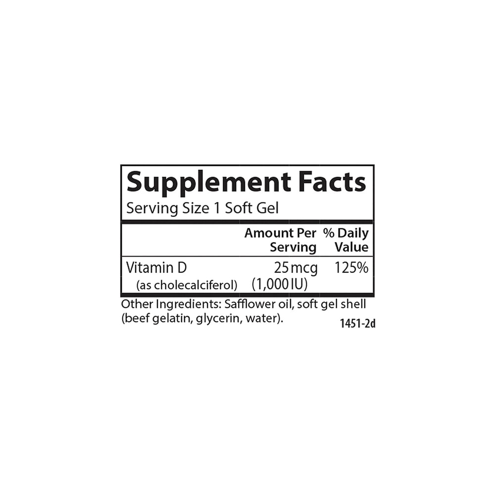 Carlson Vitamin D3 bottle front label shows 1000 IU per softgel.