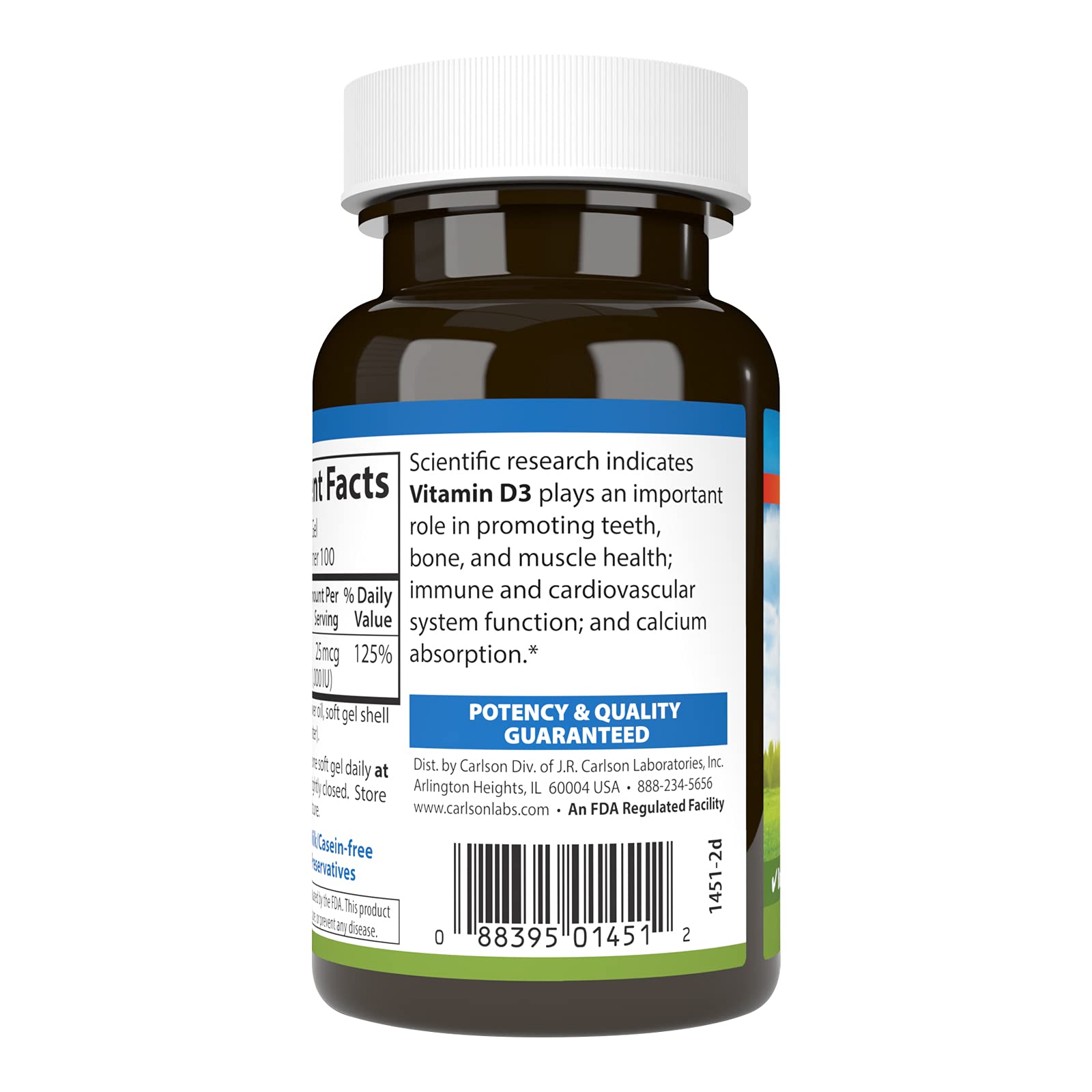 Closeup of Carlson D3 softgel capsules highlighting potency.