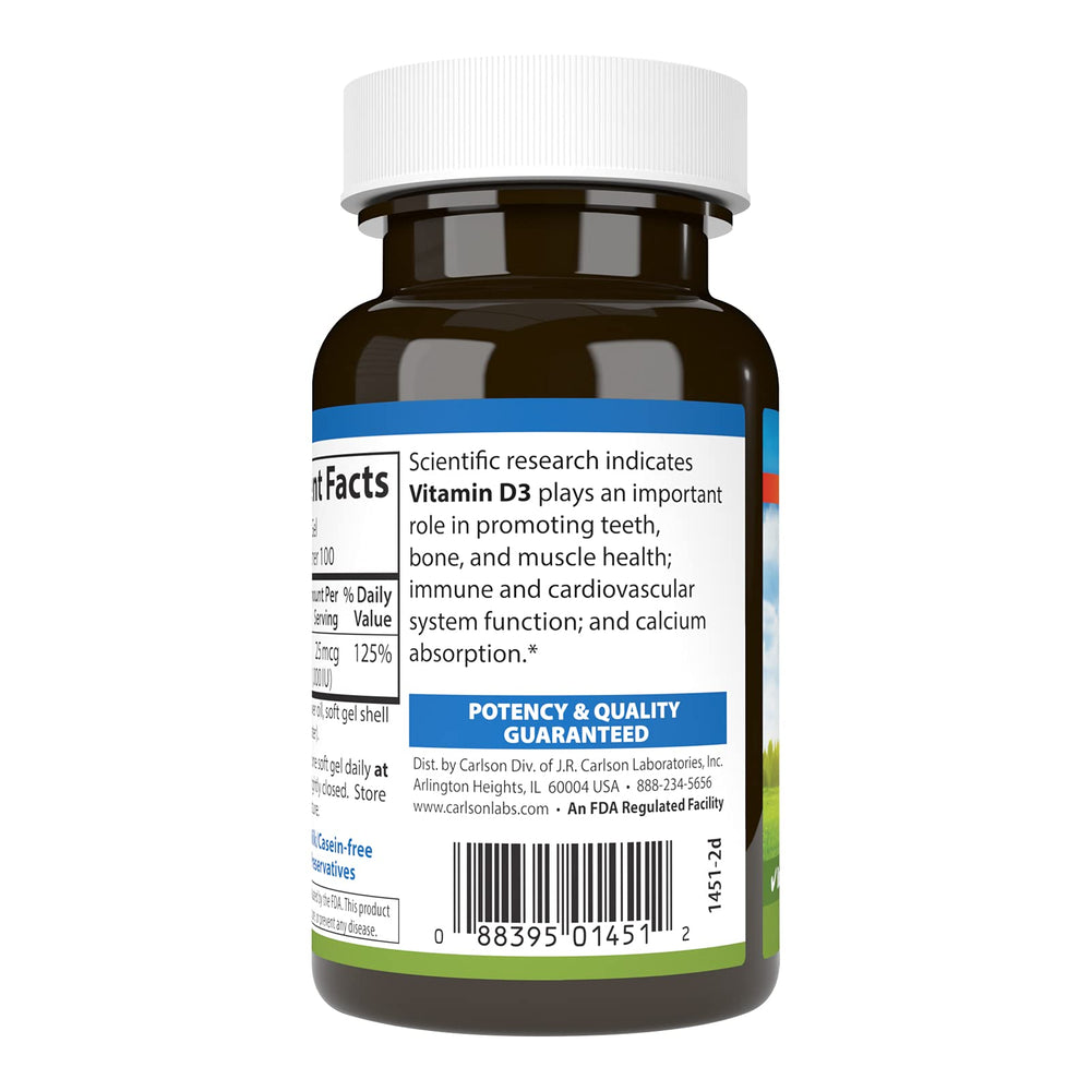 Closeup of Carlson D3 softgel capsules highlighting potency.