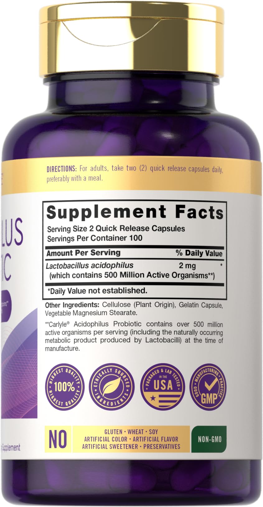 Carlyle Acidophilus bottle back label with probiotic details
