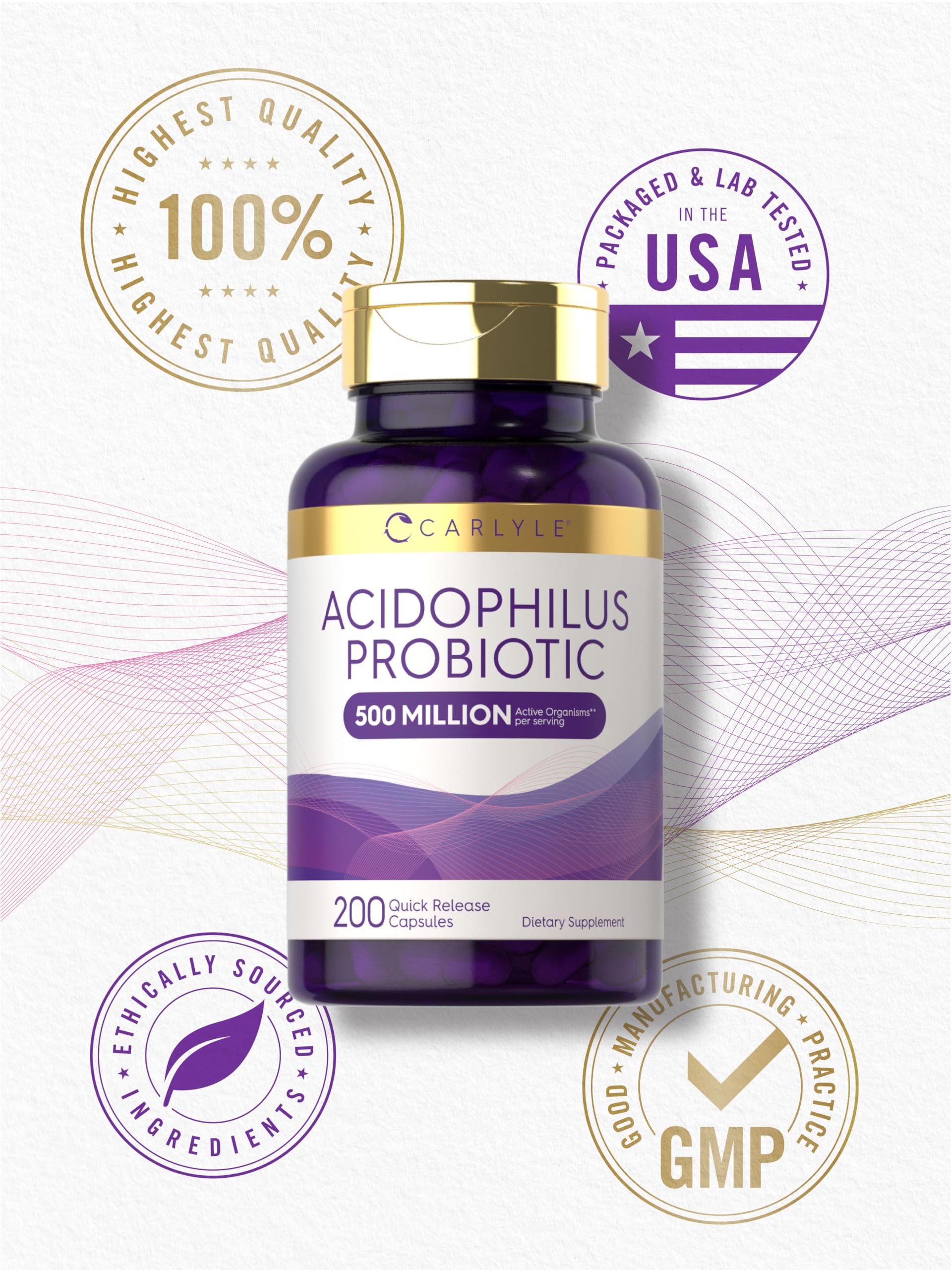 Carlyle Acidophilus capsules beside water for easy ingestion