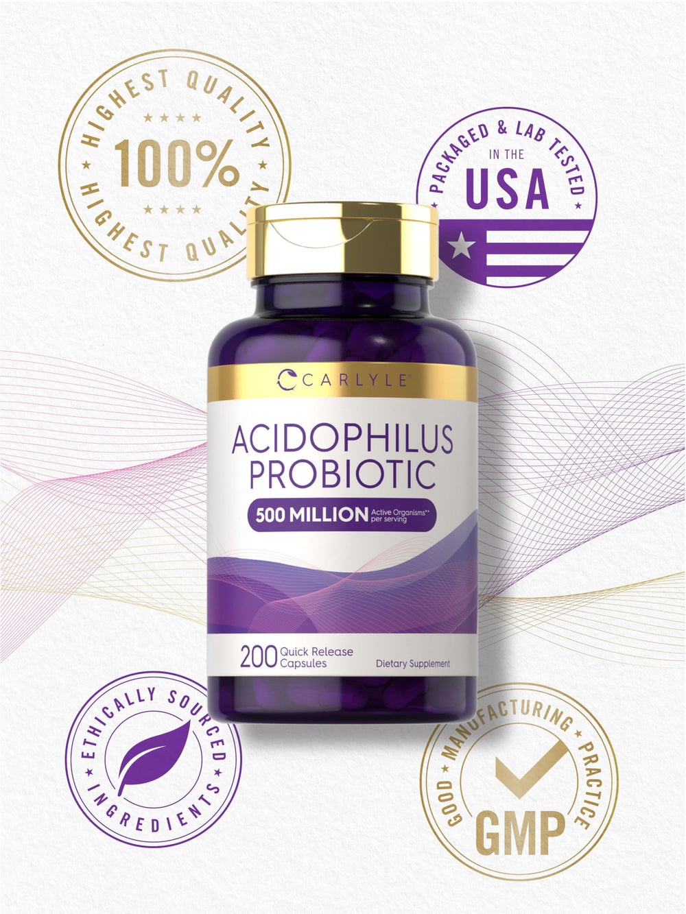 Carlyle Acidophilus capsules beside water for easy ingestion