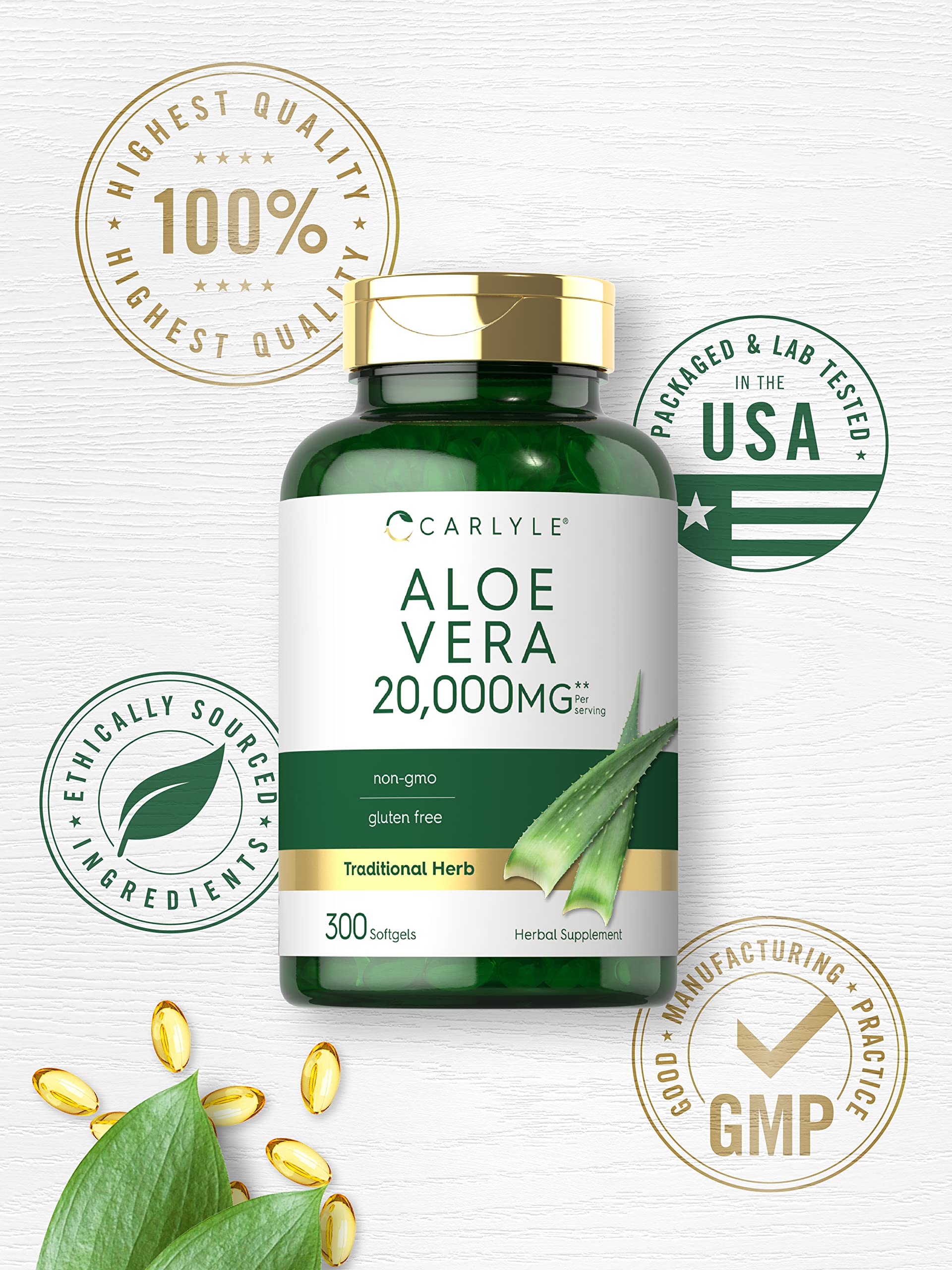 Carlyle Aloe Vera Softgel capsules on a clean surface showing compact form.