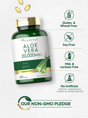 Carlyle Aloe Vera Softgel capsules with glass of water for daily intake.