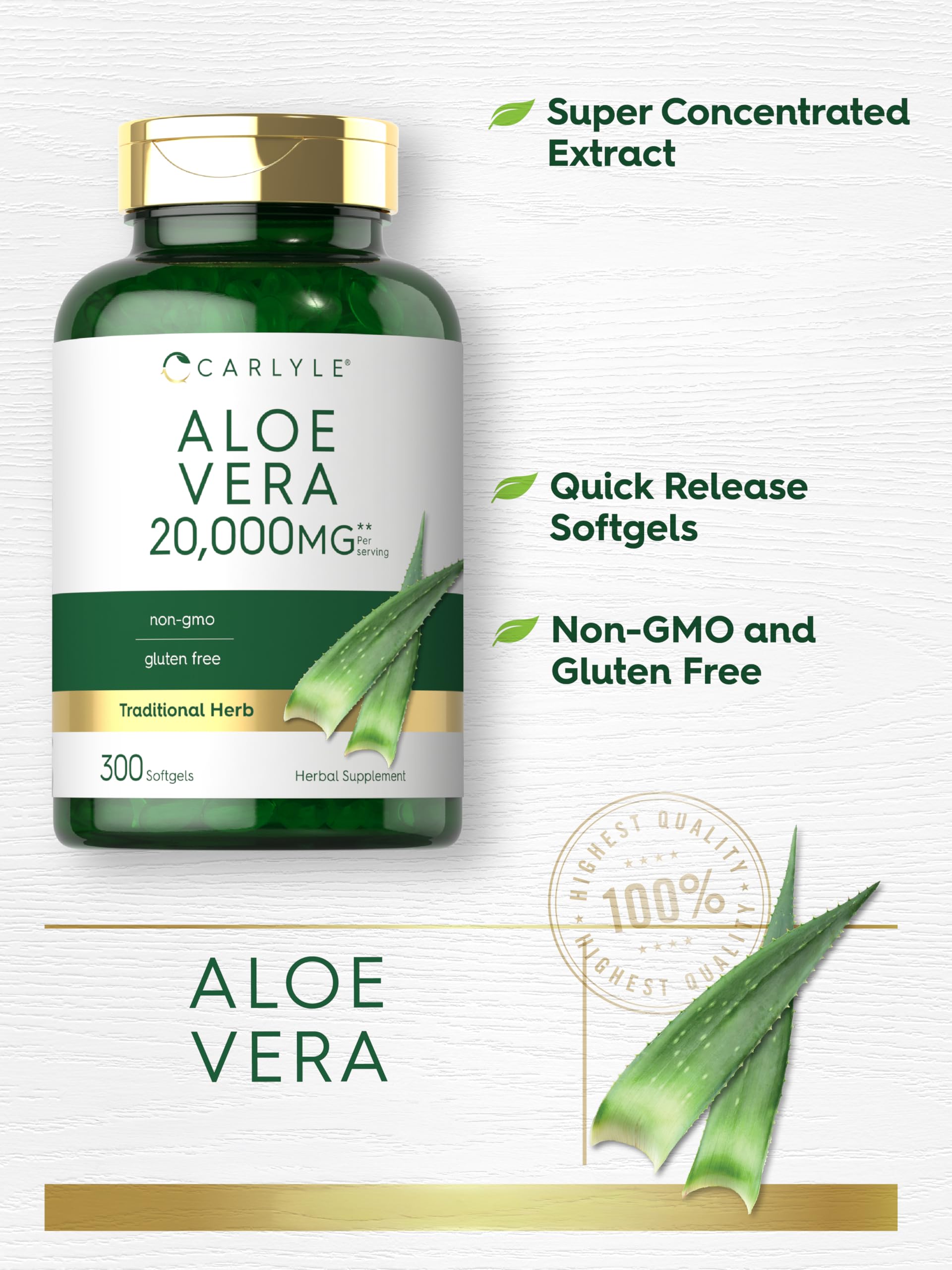 Close-up of Carlyle Aloe Vera Softgel label highlighting gluten-free and non-GMO.