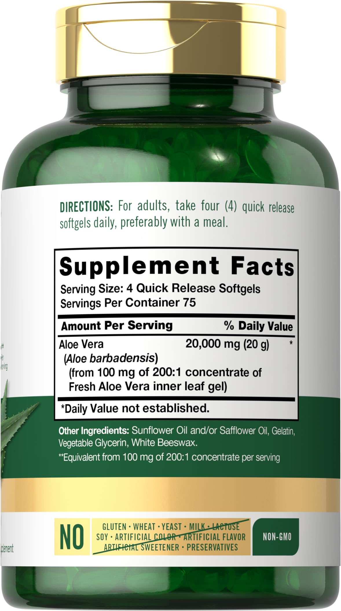 Carlyle Aloe Vera Softgel bottle pouring capsules for easy dosing.