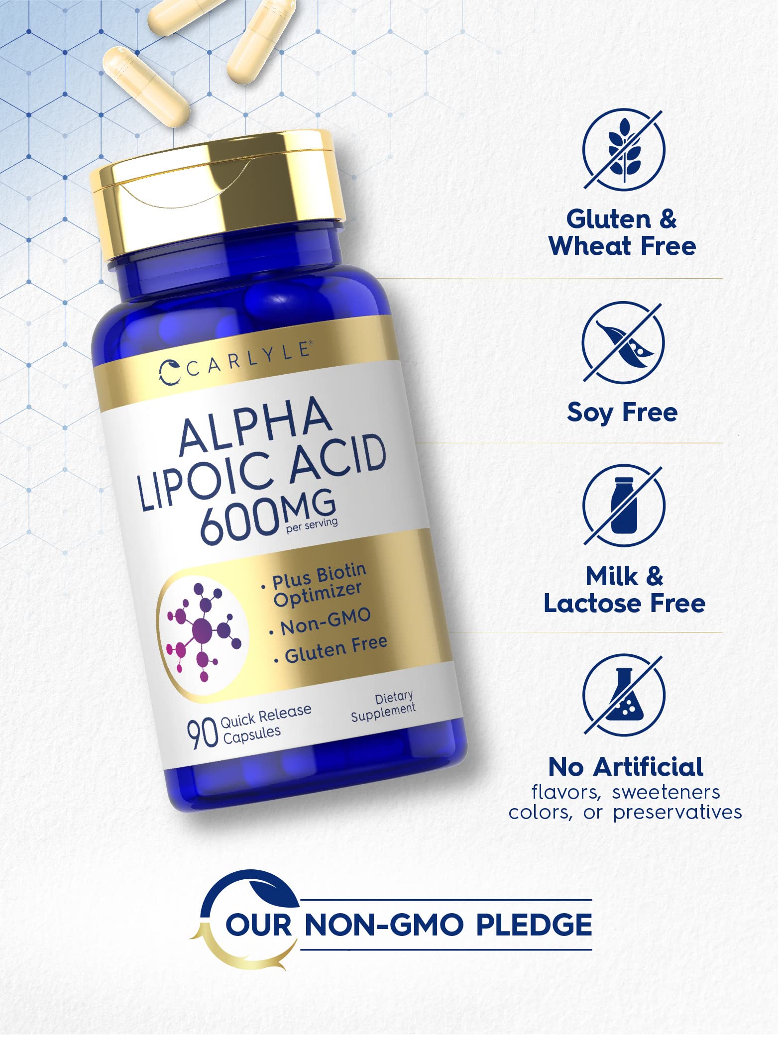 Carlyle Alpha Lipoic Capsule Texture Closeup captures smooth, quick-release capsules.