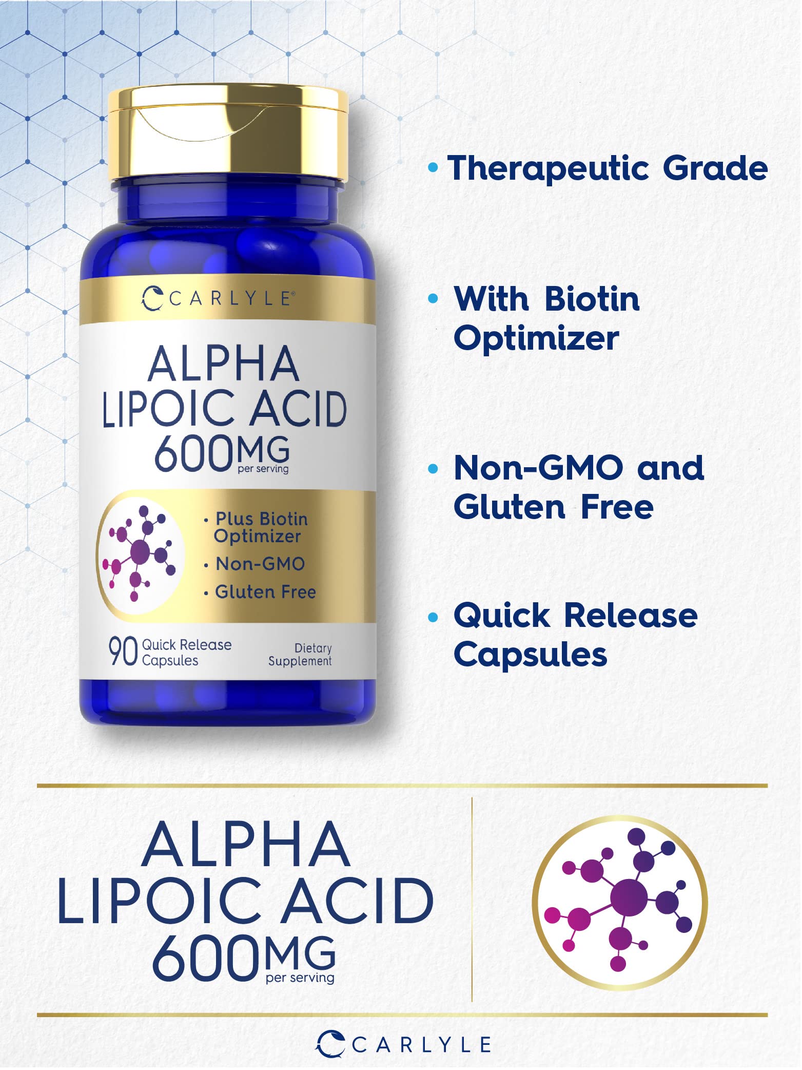 Carlyle Alpha Lipoic Label Closeup reveals clear ingredient details and trusted quality.