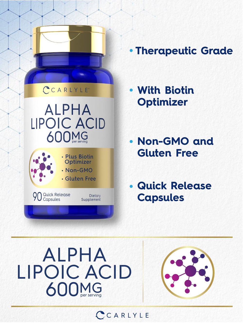 Carlyle Alpha Lipoic Label Closeup reveals clear ingredient details and trusted quality.
