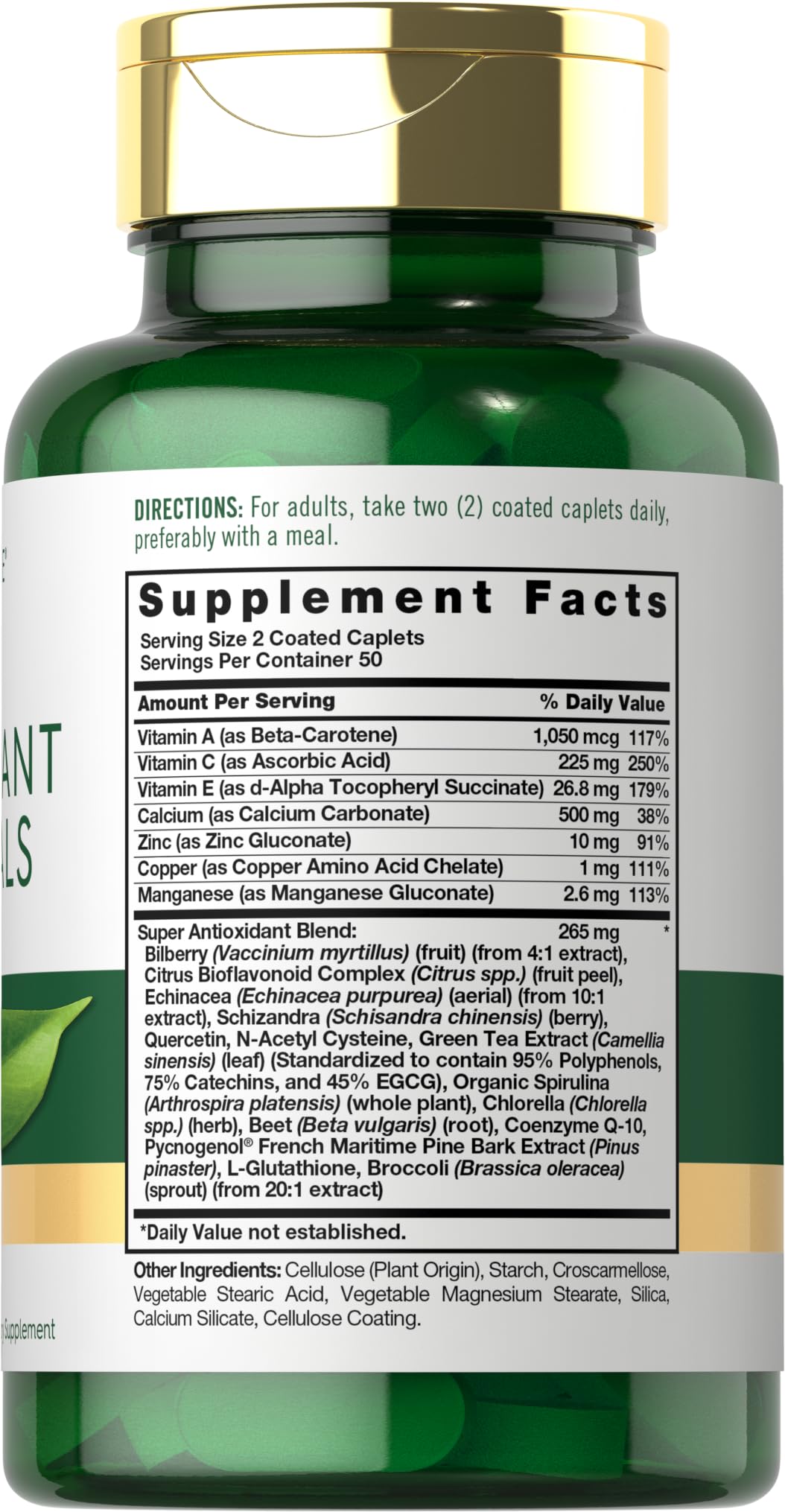 Carlyle Antioxidant bottle label back showing ingredients and non-GMO formula