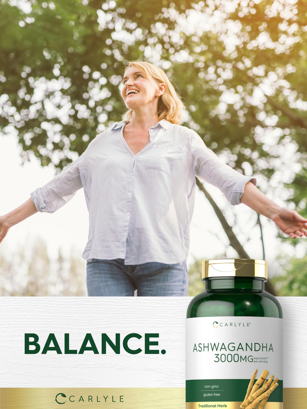 Carlyle Ashwagandha gluten-free and non-GMO assurance.