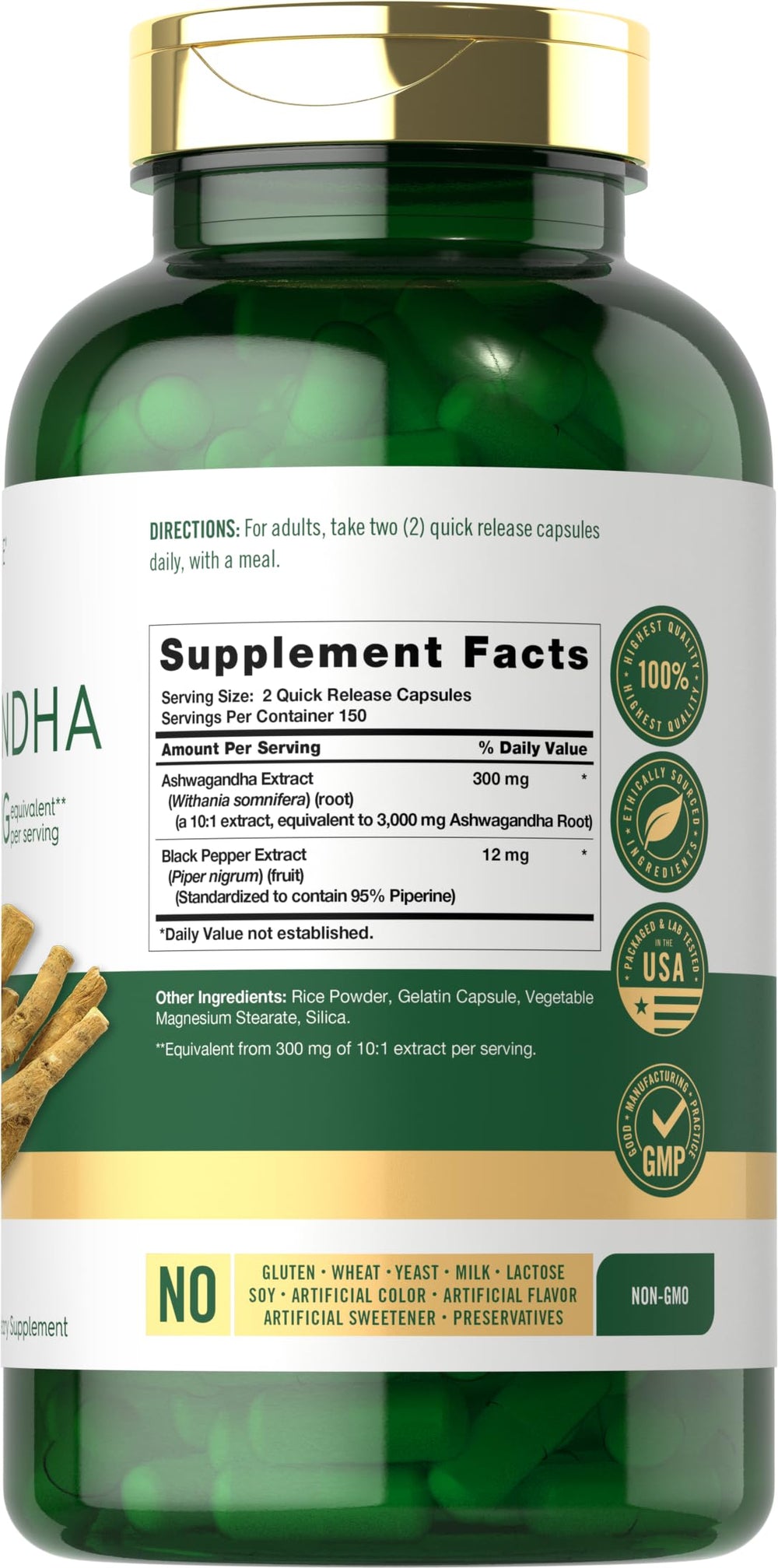 Carlyle Ashwagandha bottle label closeup shows premium formula.