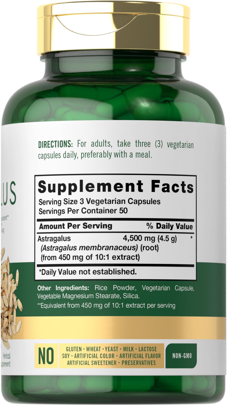 Carlyle Astragalus Root Capsules label highlights gluten-free ingredients