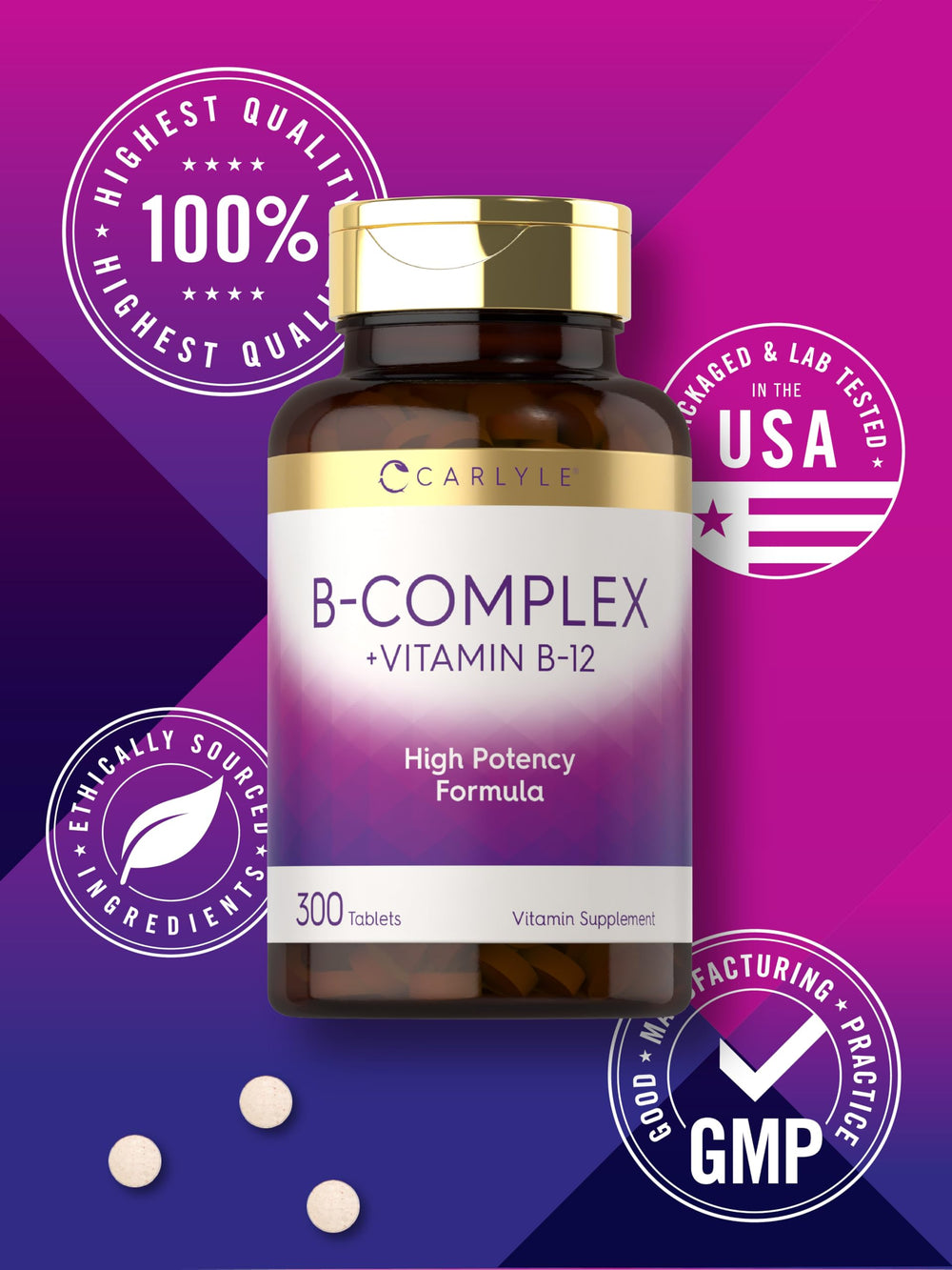 Carlyle B-Complex packaging and non-GMO claim on label.
