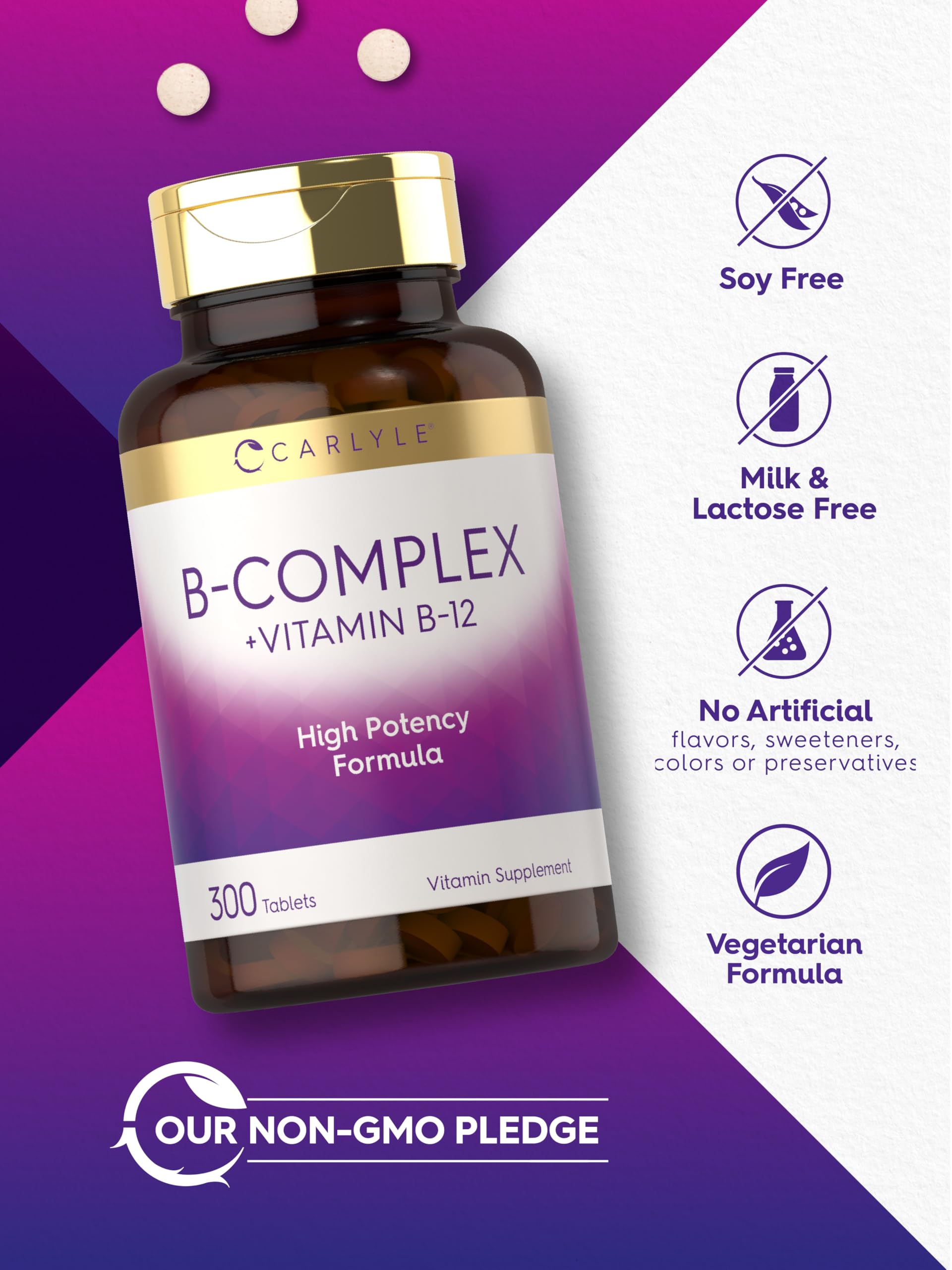 Carlyle B-Complex vegetarian formula bottle on clean surface.