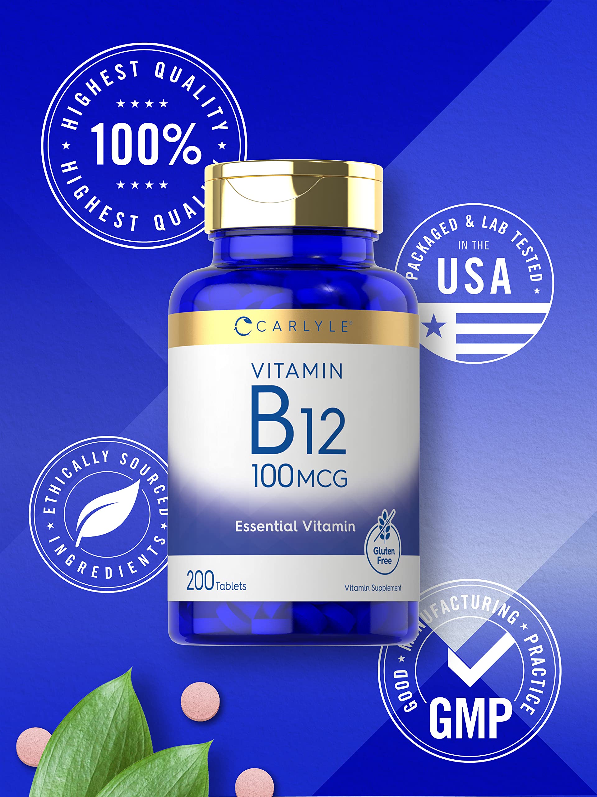B12 tablets beside bottle showing 200-tablet count