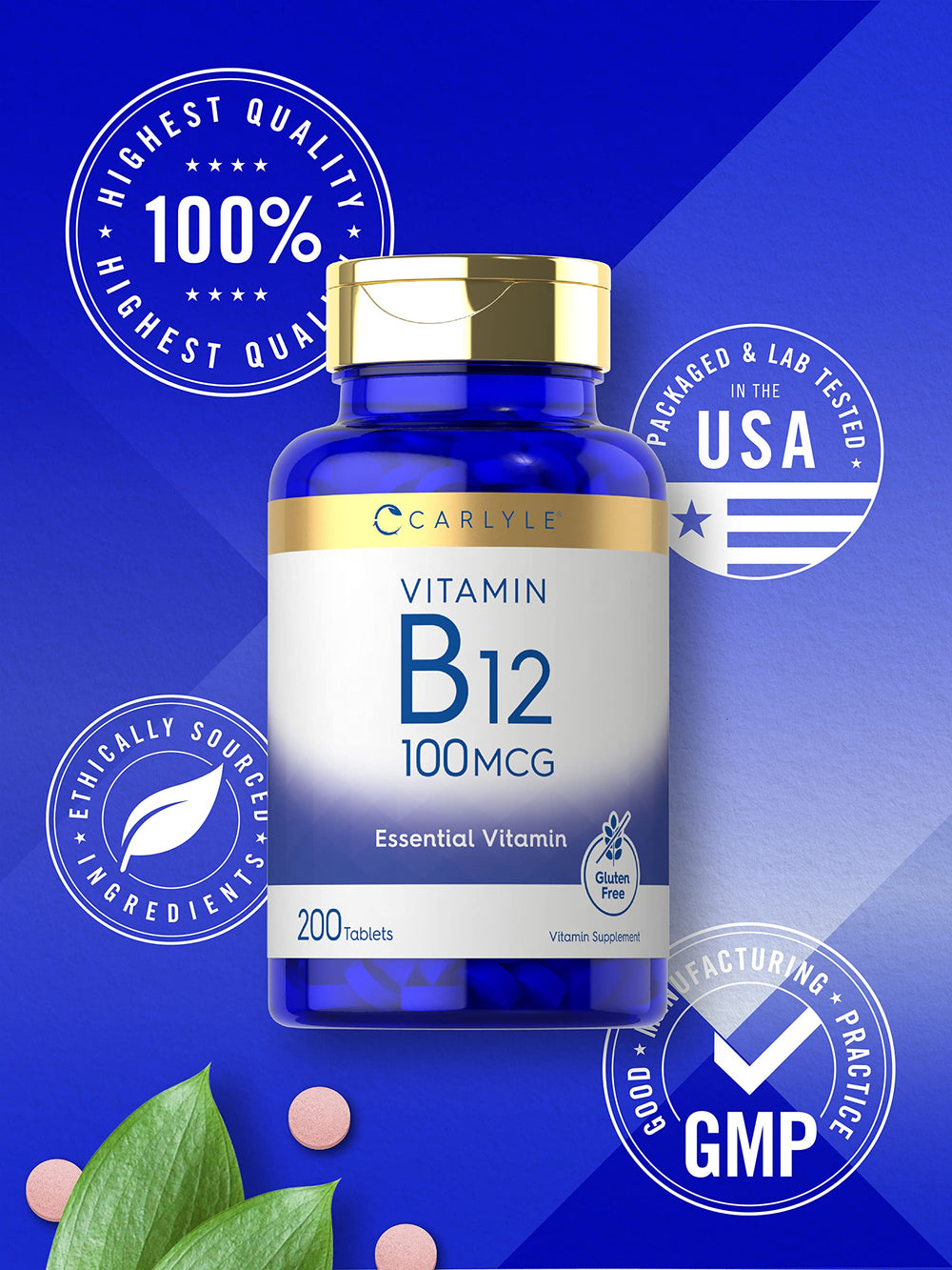 B12 tablets beside bottle showing 200-tablet count