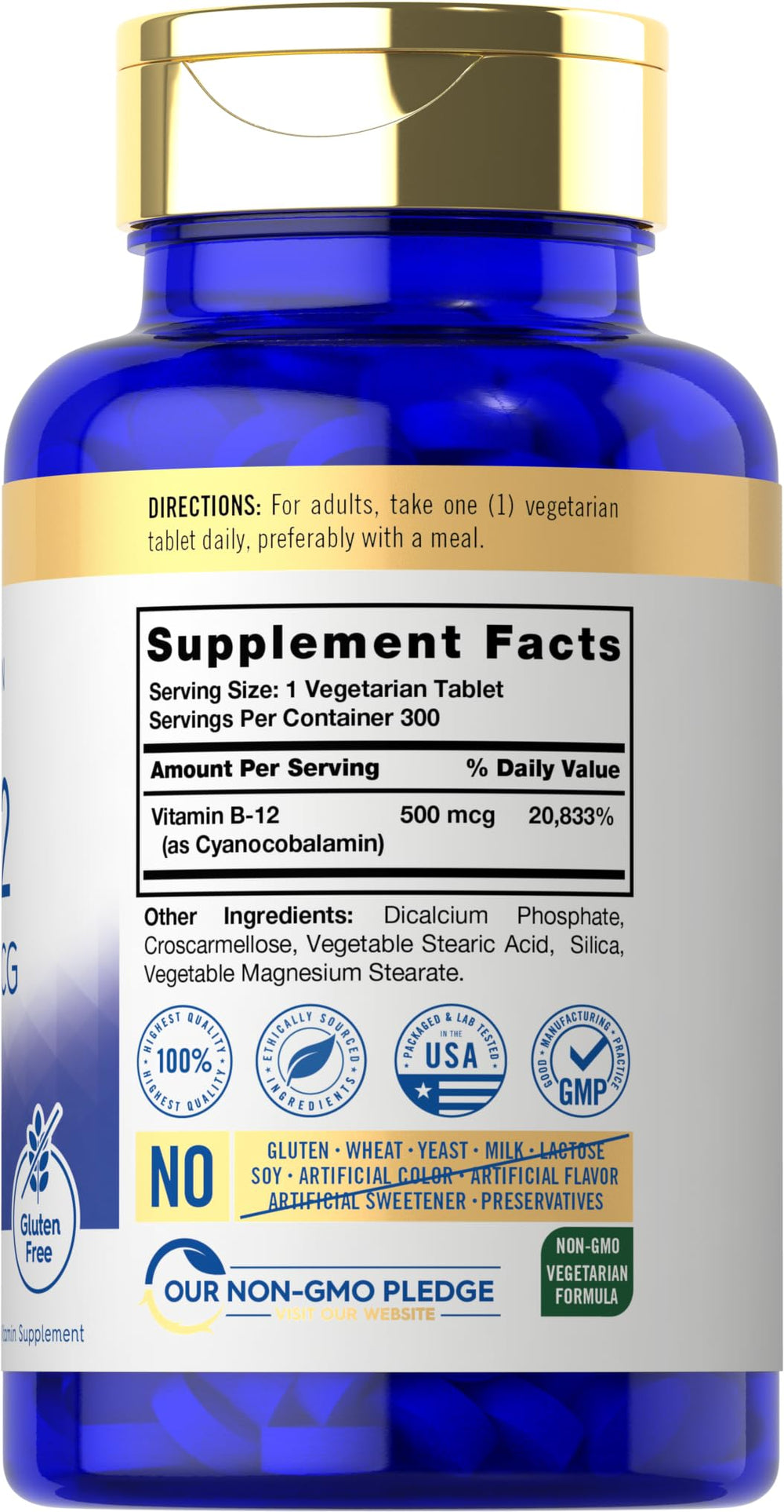Closeup of B-12 tablets highlighting vegetarian and gluten-free features.