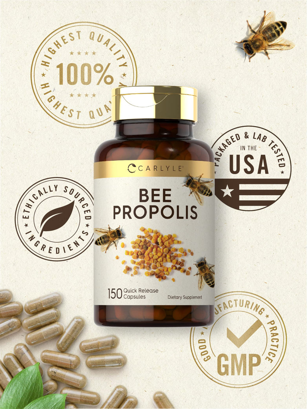 Carlyle Bee Propolis capsules in hand for convenient daily intake.