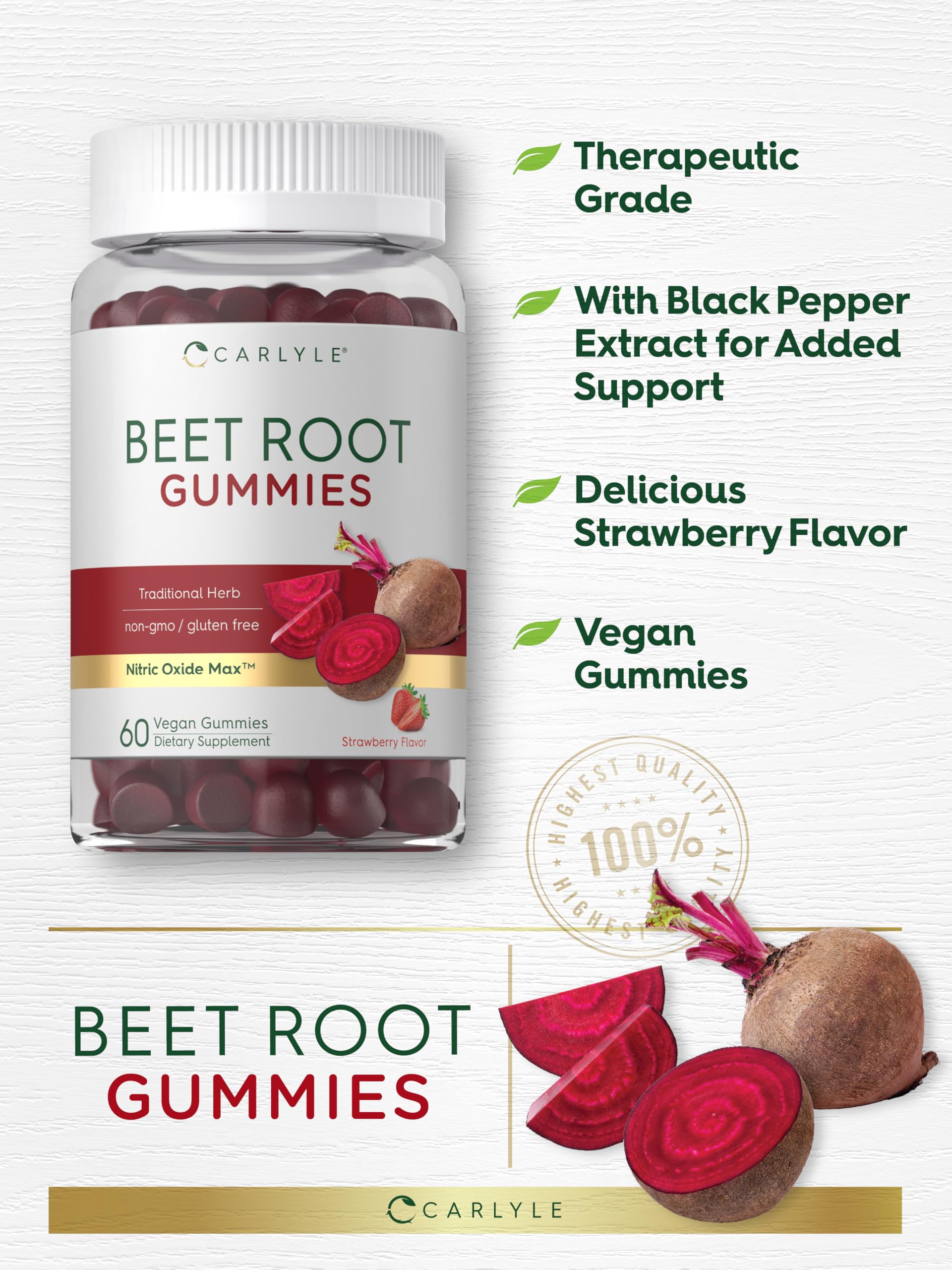 Carlyle Beet Root Gummies gummies close-up shows chewable, plant-based supplement for daily use.