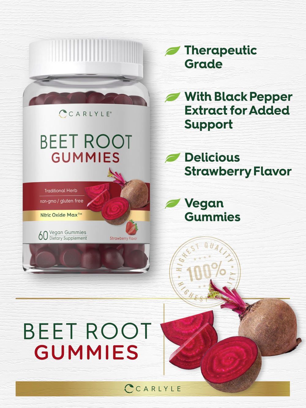 Carlyle Beet Root Gummies gummies close-up shows chewable, plant-based supplement for daily use.