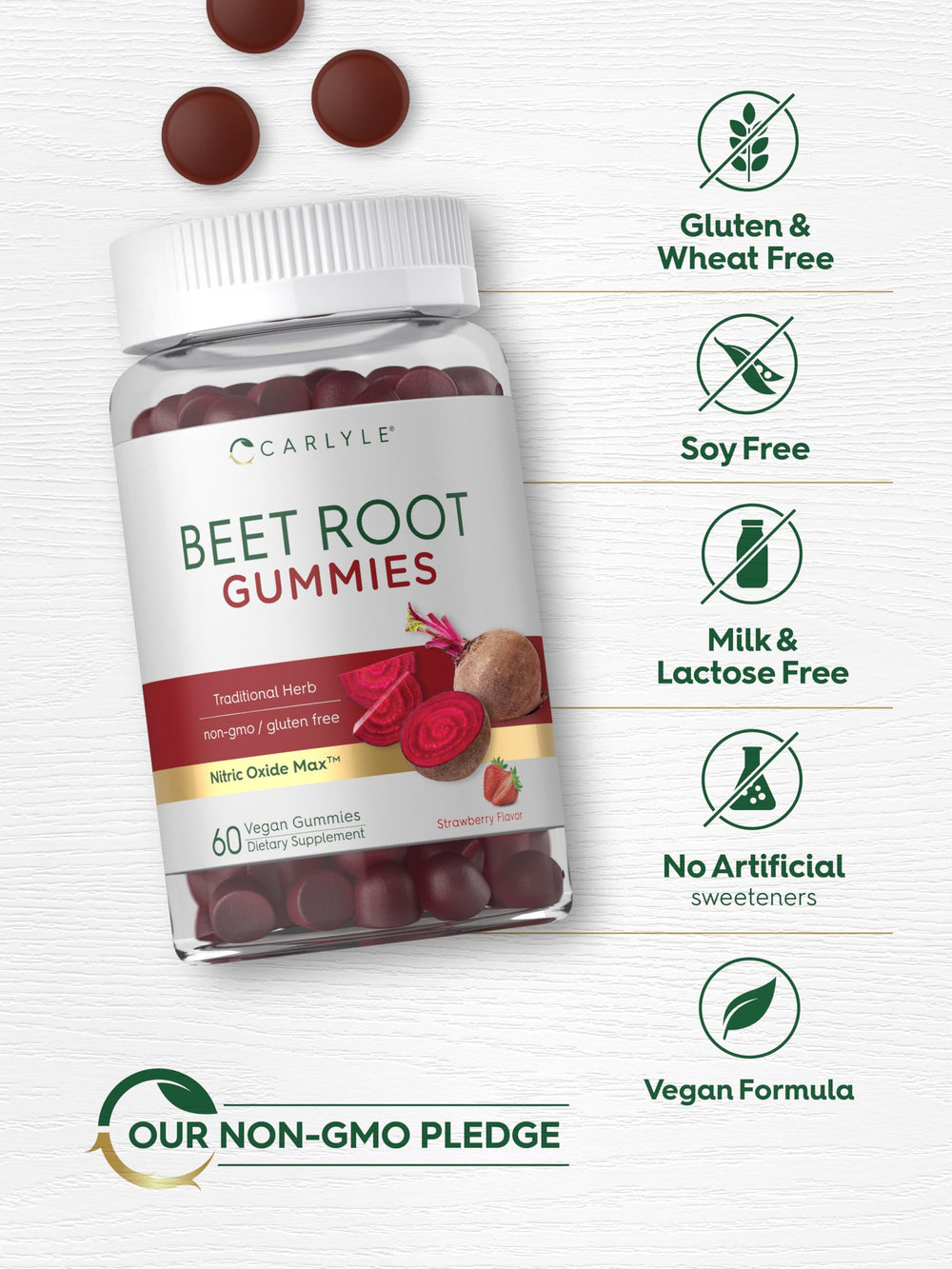 Carlyle Beet Root Gummies ingredients label features Beet Root Nitrate Complex and Vitamin C.