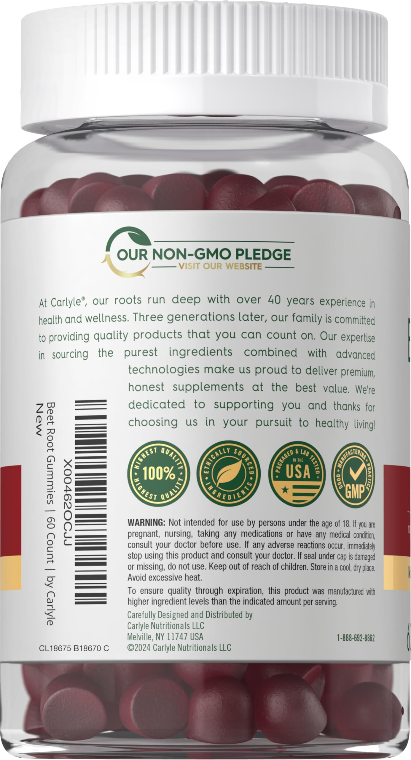Carlyle Beet Root Gummies strawberry graphic emphasizes convenient vegan nutrition.