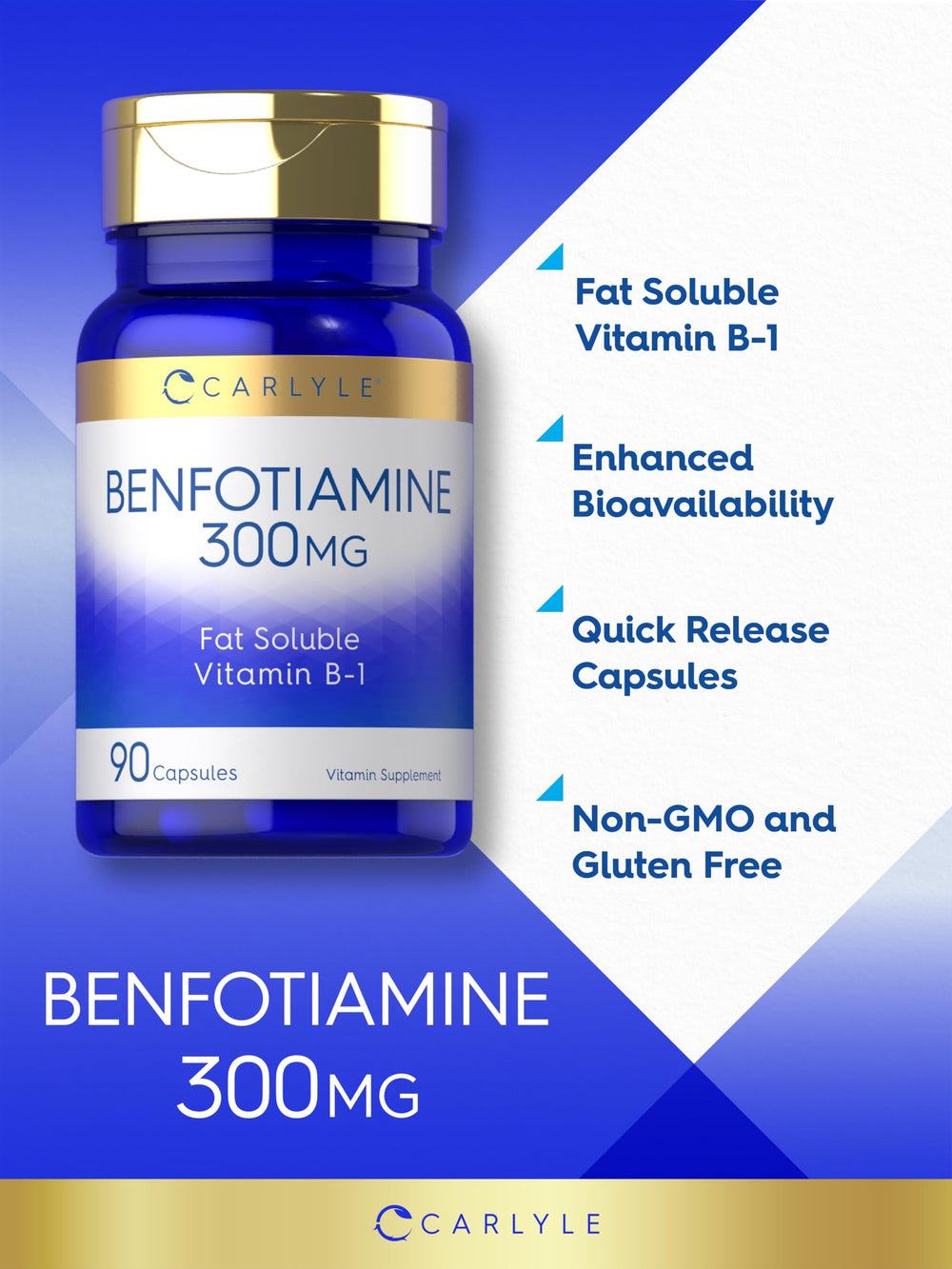 Carlyle Benfotiamine 300mg bottle side view on shelf for easy accessibility.