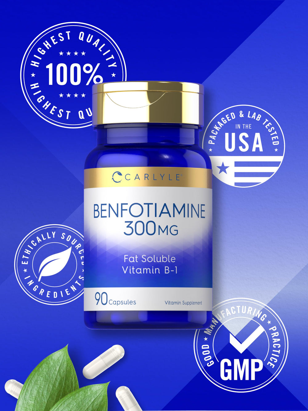 Carlyle Benfotiamine 300mg capsules in hand ready for daily use.