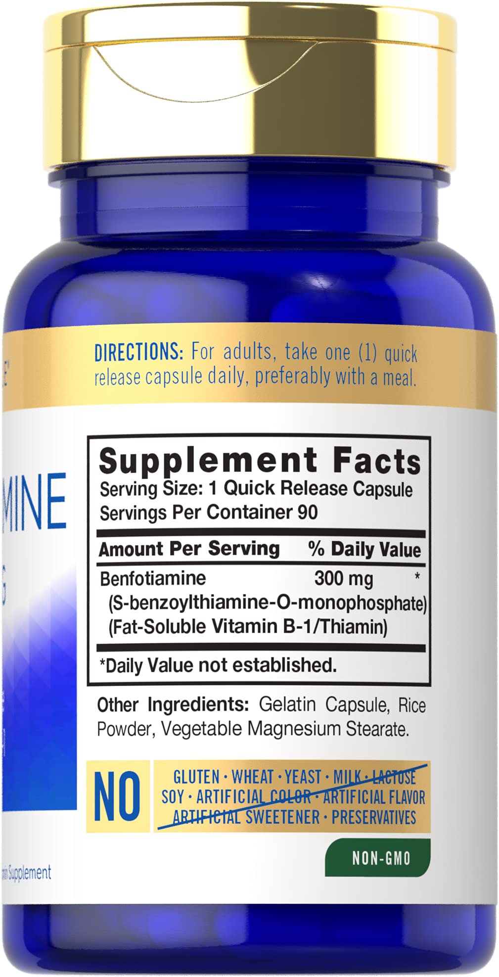 Carlyle Benfotiamine 300mg capsules being poured, convenient daily dose.