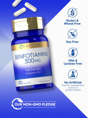 Carlyle Benfotiamine 300mg label closeup showing non-GMO formula.