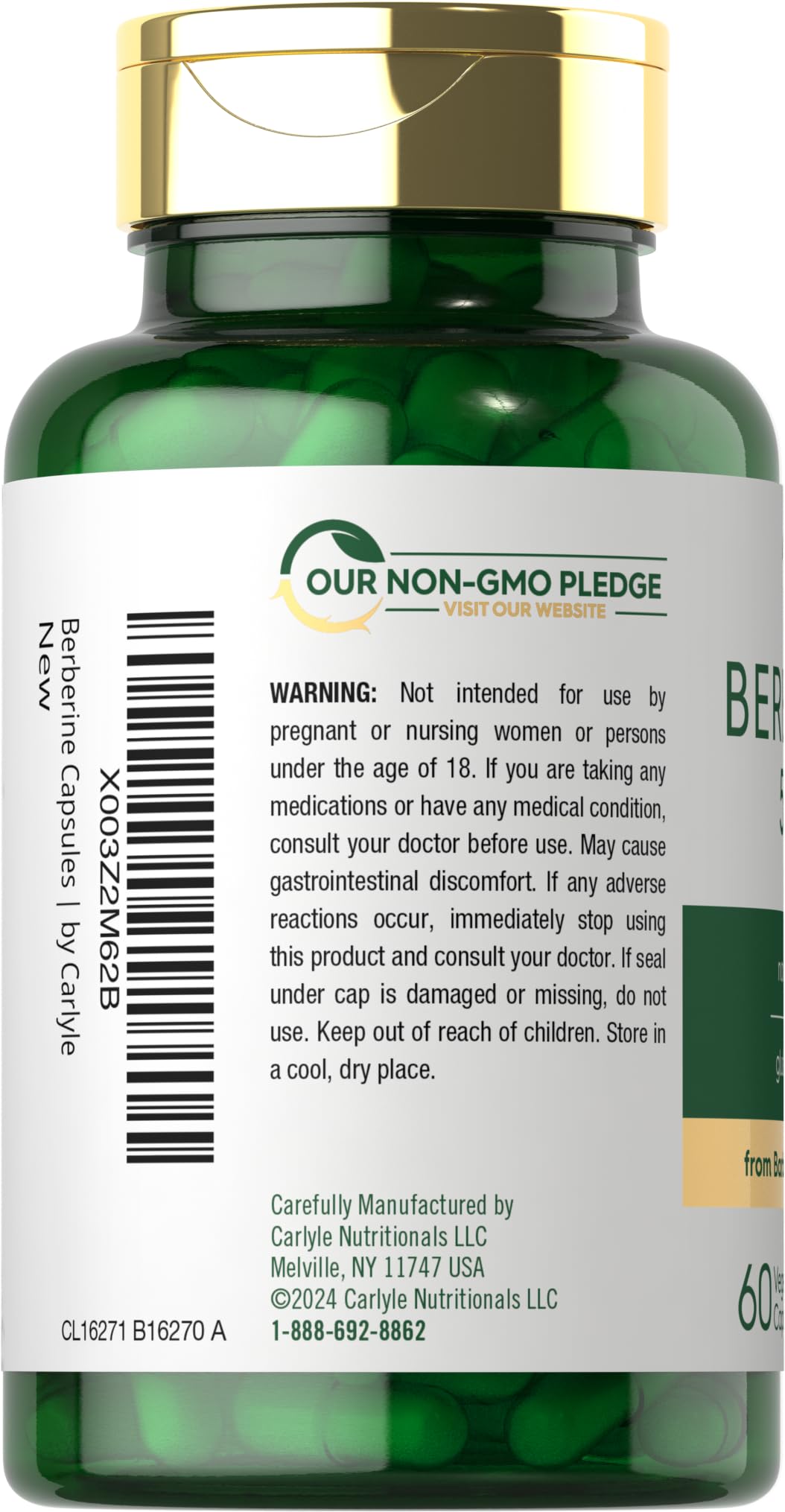 Carlyle Berberine HCl capsules in bottle showing vegetarian formula