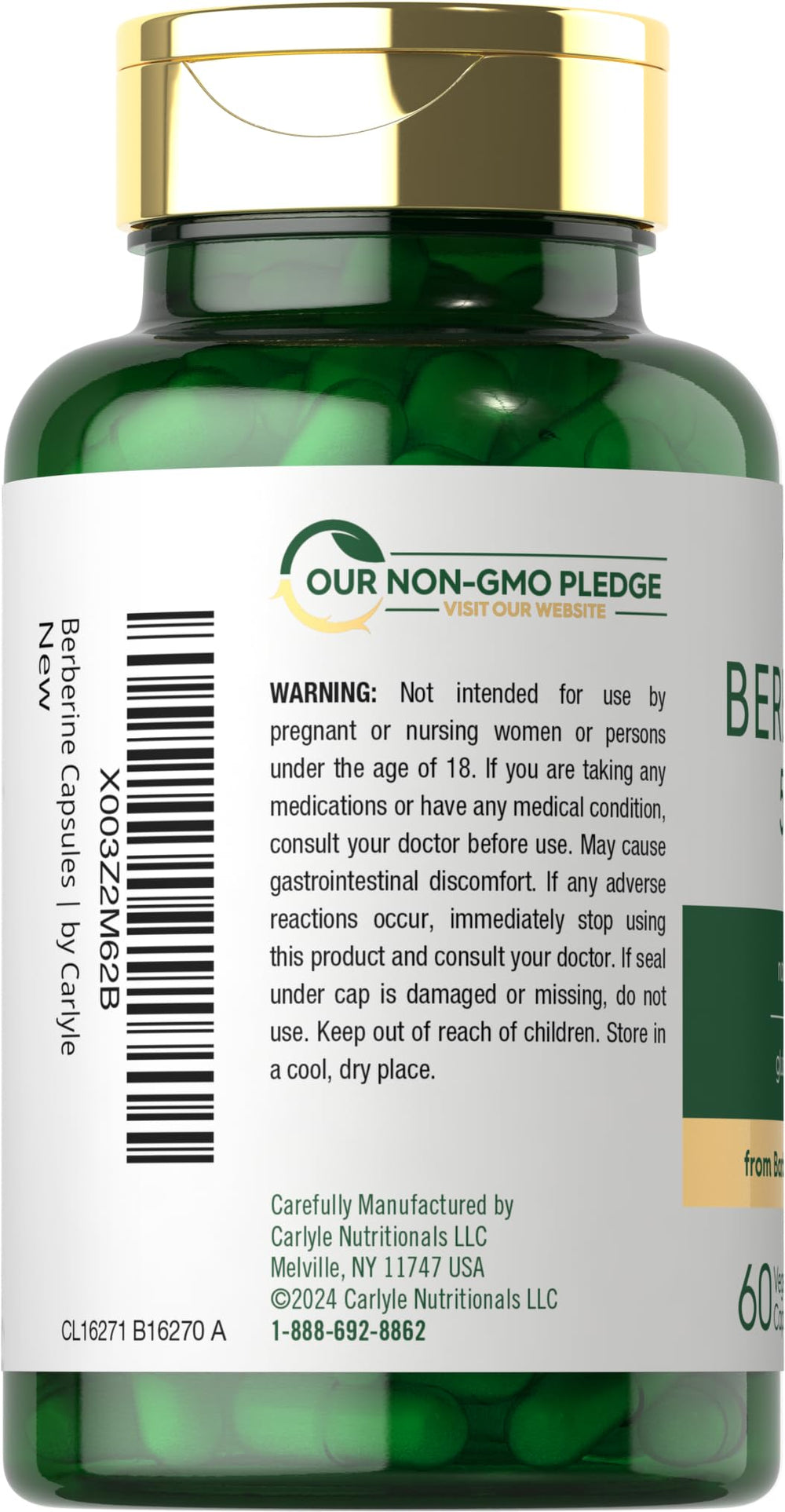 Carlyle Berberine HCl capsules in bottle showing vegetarian formula