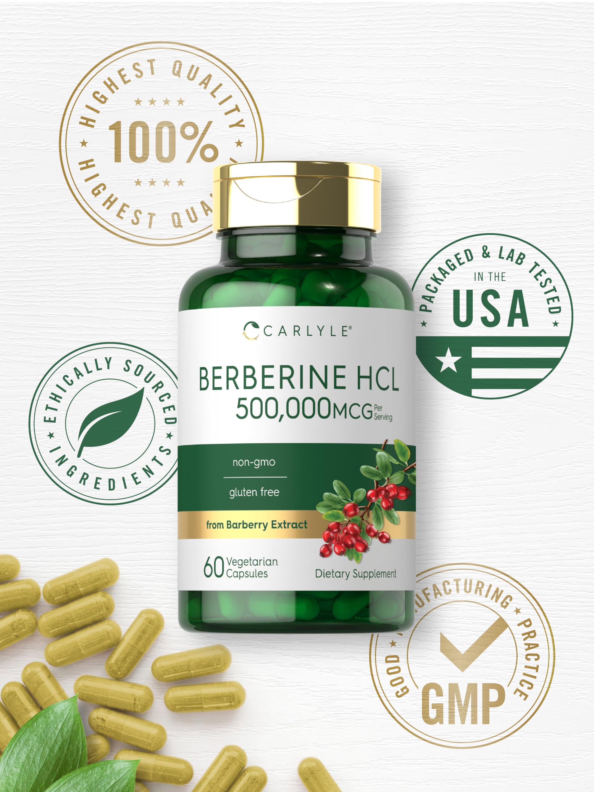 Carlyle Berberine HCl packaging shows gluten-free and non-GMO icons