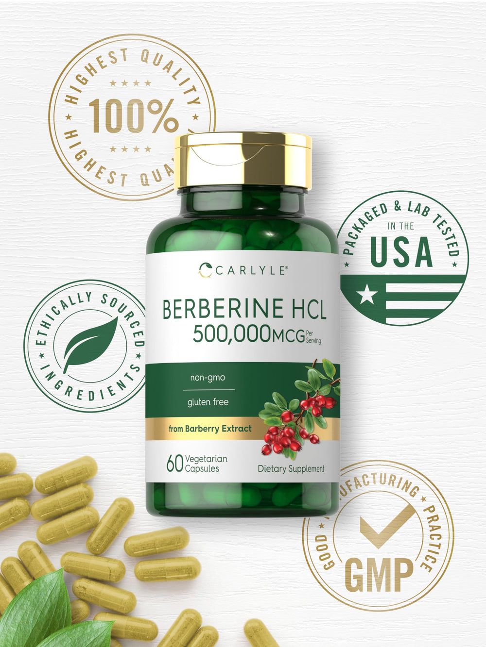 Carlyle Berberine HCl packaging shows gluten-free and non-GMO icons