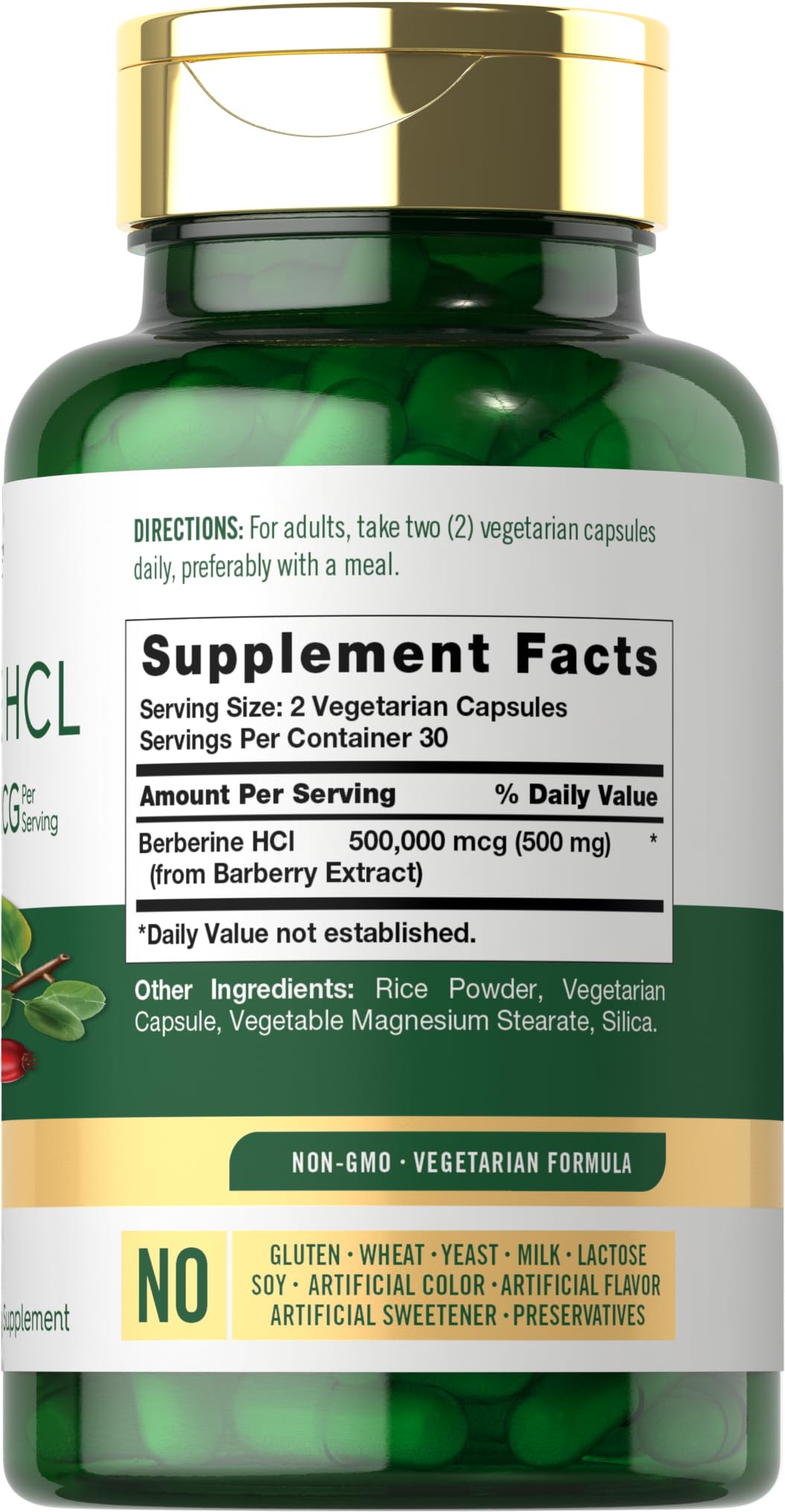 Carlyle Berberine HCl label close-up emphasizes potency