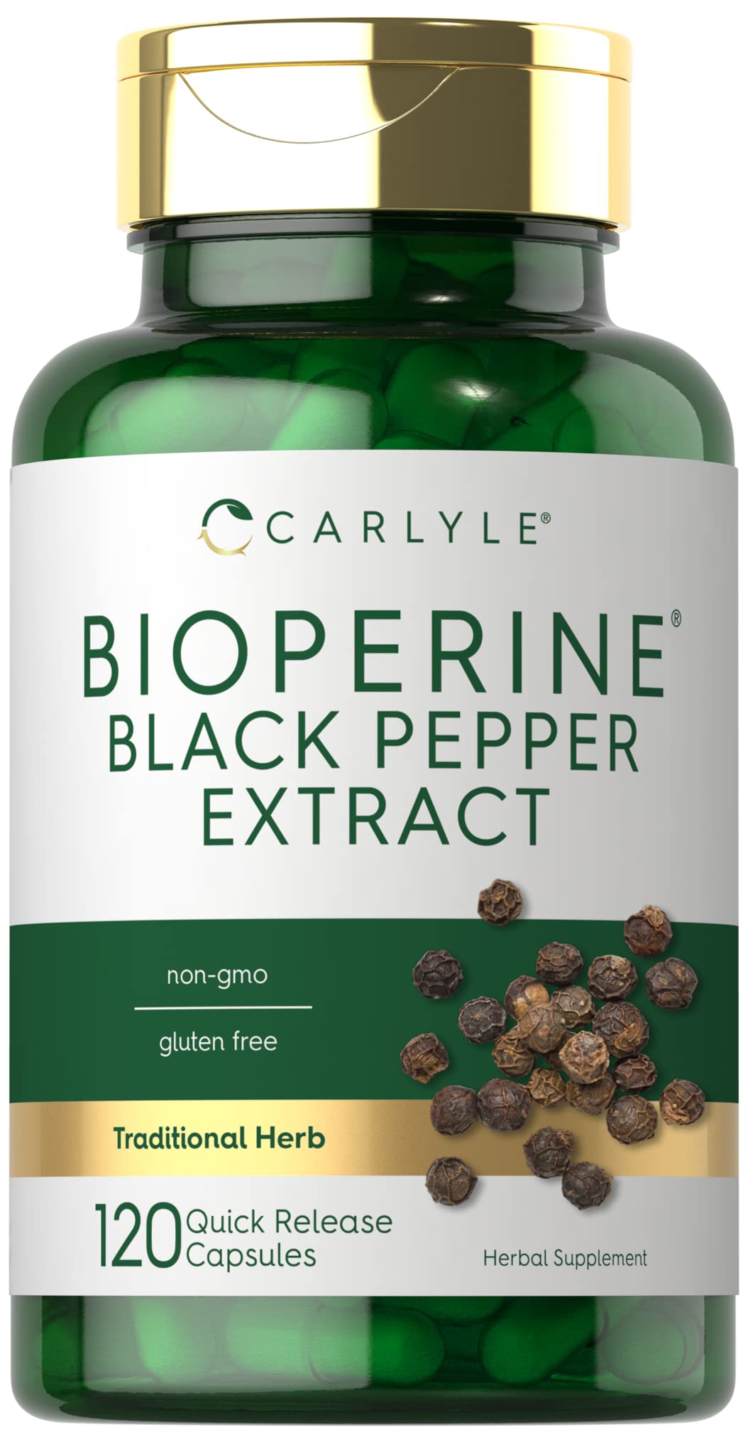 Carlyle Bioperine 10mg bottle shown for daily curcumin absorption support.