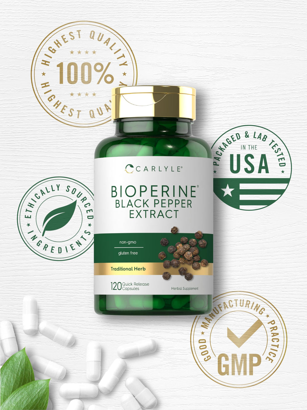 Carlyle Bioperine packaging highlights black pepper extract source behind capsules.