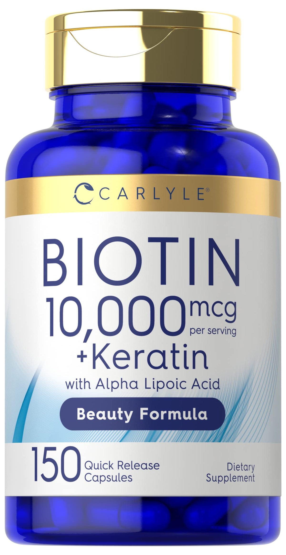Carlyle Biotin 10000mcg bottle front highlights hair, skin, and nails support.