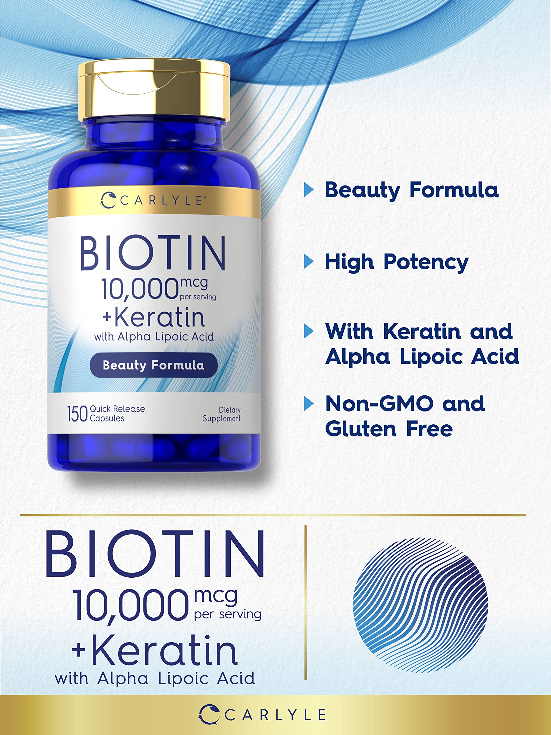 Carlyle Biotin 10000mcg bottle side view emphasizes gluten-free, non-GMO formulation.